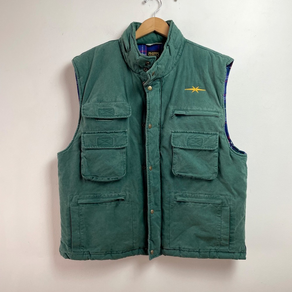 Green Canvas Plaid Lined Vest Vintage 90s XL Gorpcore Outdoors Cabin Rugged